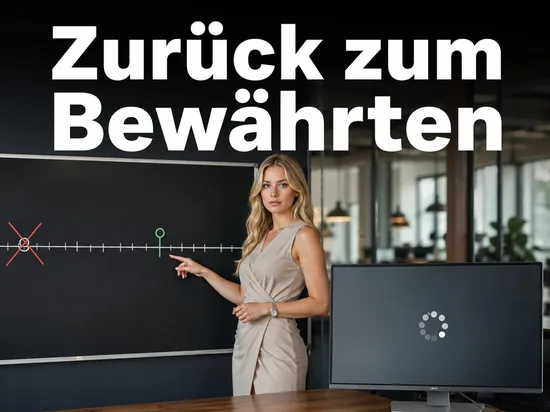 Geschaeftsfrau vor einer Zeitleiste mit gestrichenem Ferntermin als Symbol fuer neue Windows-XP-Versionen anstelle von Longhorn