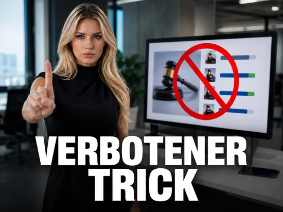 Blonde Geschaeftsfrau hebt mahnend den Finger vor Monitor mit Auktionsseite und rotem Verbotszeichen, Schriftzug Verbotener Trick