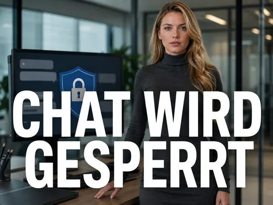 Blonde Geschaeftsfrau vor Monitor mit Chatfenster, Schutzschild und Schloss-Symbol, Schriftzug Chat wird gesperrt