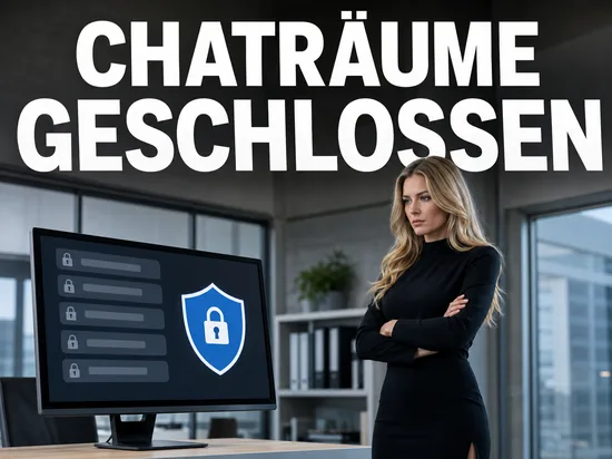 Blonde Geschaeftsfrau vor Monitor mit gesperrten Chatraum-Eintraegen und Schutzschild, Schriftzug Chatraeume geschlossen