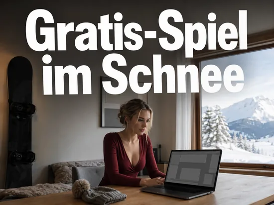Laptop vor verschneiter Bergkulisse mit Snowboard als Symbol fuer ein kostenloses Wintersport-Spiel