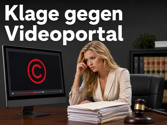 Frau am Schreibtisch vor Monitor mit Urheberrechtszeichen, Aktenstapel und Richterhammer: Milliardenklage gegen das Videoportal YouTube