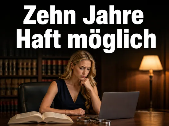 Frau am Laptop neben Gesetzbuch und Handschellen, Schriftzug Zehn Jahre Haft moeglich