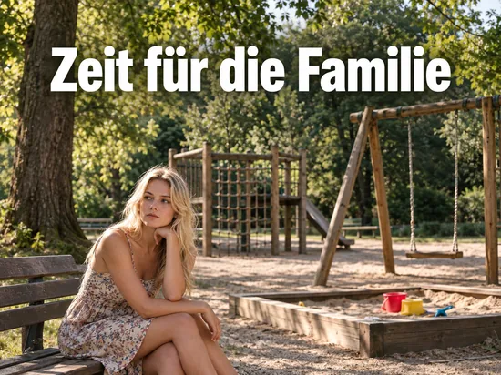 Frau sitzt auf einer Parkbank neben einem leeren Spielplatz