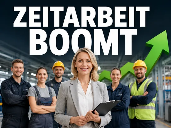 Boom bei Zeitarbeitsfirmen, freundliche Geschäftsfrau mit Klemmbrett vor Zeitarbeitern und grünem Aufwärtspfeil