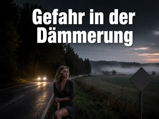 Landstraße am Waldrand in der Dämmerung mit Autoscheinwerfern und Nebel über den Feldern