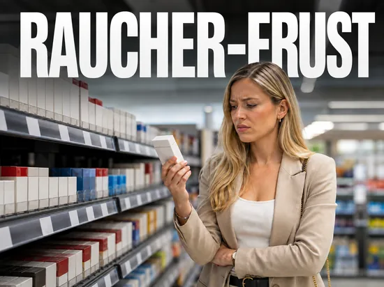 Veraergerte blonde Frau blickt enttaeuscht auf eine neutrale Zigarettenschachtel im Discounter, Symbolbild teurer werdende Zigaretten und Frust bei Rauchern