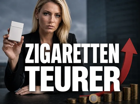 Ernste Geschäftsfrau mit einer neutralen Zigarettenschachtel neben einem roten Aufwärtspfeil und Euro-Münzen, Symbolbild für die steigenden Zigarettenpreise