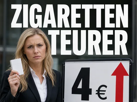 Zigaretten kosten künftig rund vier Euro pro Schachtel, besorgte Geschäftsfrau mit Zigarettenschachtel und Preisschild mit rotem Aufwärtspfeil