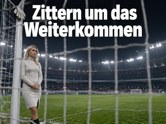 Blick durch das Tornetz auf ein Stadion im Flutlicht, eine Frau steht am Pfosten