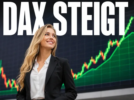 Blonde Geschaeftsfrau vor steigendem Aktienkurs, Symbolbild DAX-Anstieg