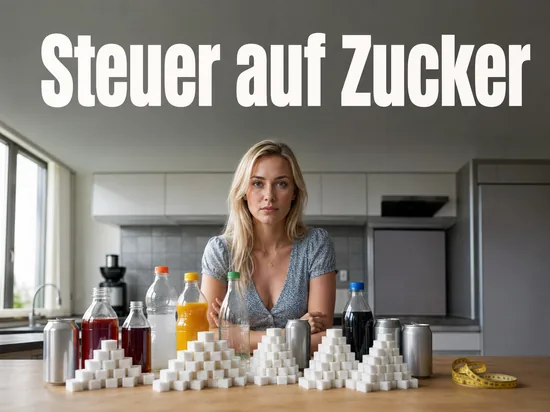 Frau am Küchentisch vor Getränkeflaschen und Stapeln aus Zuckerwürfeln
