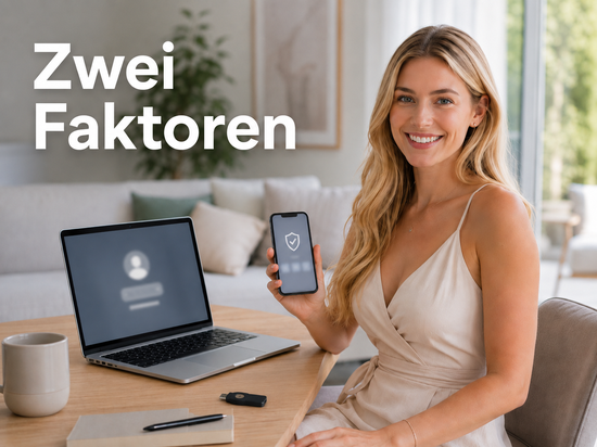 Blonde Frau im Kleid bestätigt eine Anmeldung per Code auf dem Smartphone neben einem Sicherheitsschlüssel, Symbol für die Zwei-Faktor-Absicherung.