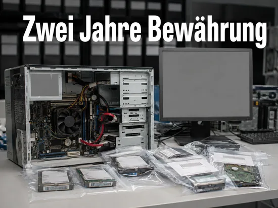 IT-Forensik-Arbeitsplatz mit geoeffnetem Rechner und beschlagnahmten Festplatten