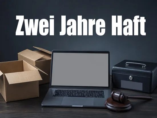 Schreibtisch mit Laptop, Versandkartons, Geldkassette und Richterhammer