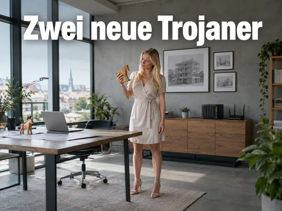 Frau betrachtet in einem Büro eine kleine hölzerne Pferdefigur, im Hintergrund ein Netzwerkspeicher und ein Router
