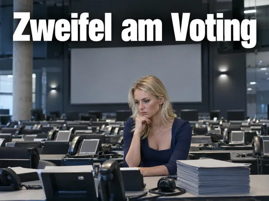 Frau in einem Telefonraum voller Apparate vor einer leeren Anzeigetafel