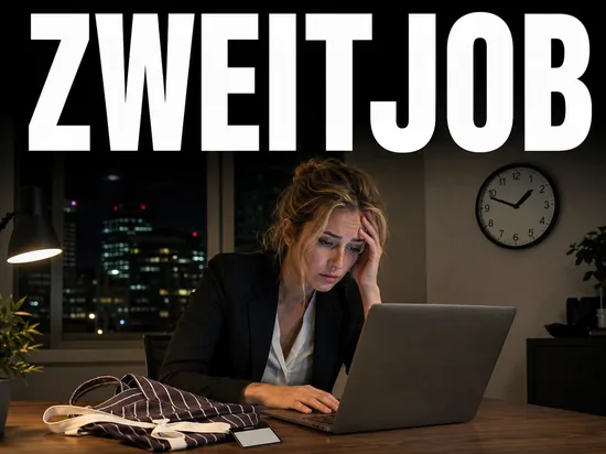 Muede blonde Frau spaet abends am Laptop mit Kellnerschuerze fuer einen zweiten Job daneben, Symbolbild immer mehr Menschen mit Zweitjob